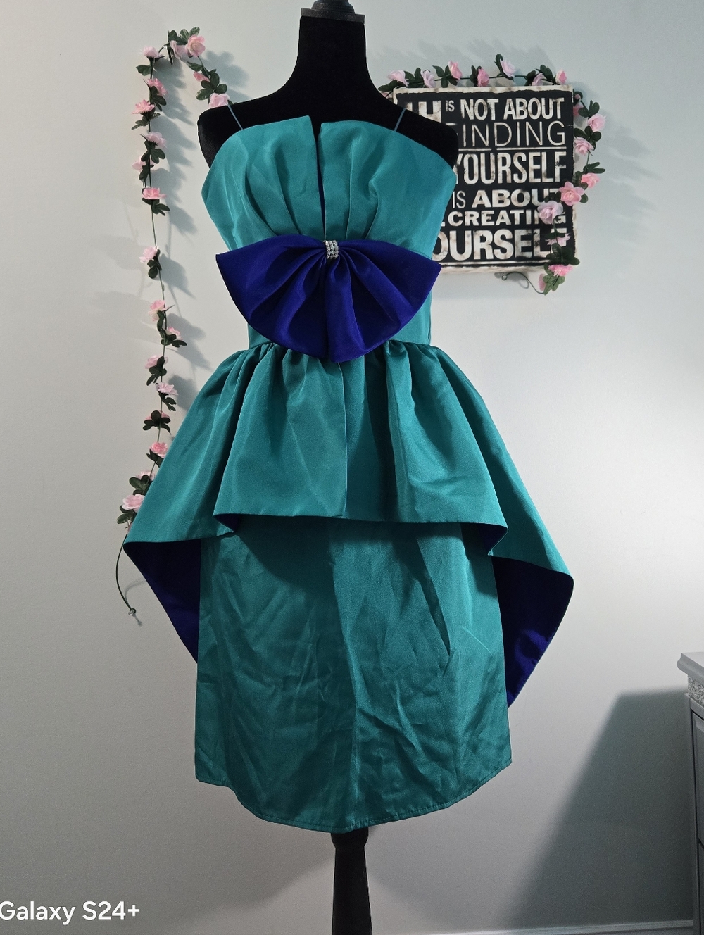 Vtg 1980s Darcy Union Made Hi-Low Dress Teal Purple Statement Bow Formal S 9/10